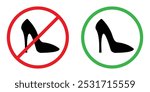 No allow sandal sign symbol. No high heels sign symbol. Women high heels not allowed vector symbol in black and red color. No step here forbidden sign. No foot slipper. Vector illustration.