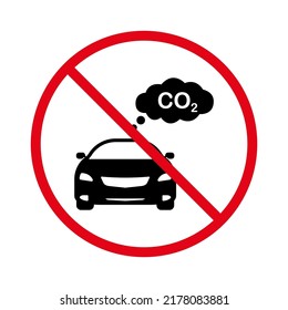 No Allowed Emission Pollution Sign. Prohibited Car Exhaust CO2 Ban Black Silhouette Icon. Vehicle Pipe Smoke Red Stop Circle Symbol. Forbidden Car Engine Gas Pictogram. Isolated Vector Illustration.