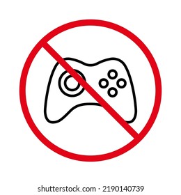 No Allowed Gamepad Control Sign. Prohibited Game Pad Console Red Stop Outline Symbol. Joystick Ban Black Line Icon. Forbidden Gamer Video Game Zone Pictogram. Isolated Vector Illustration.