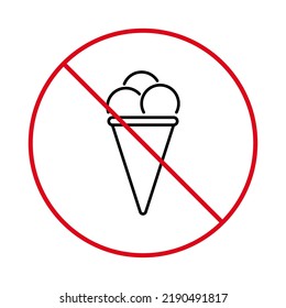 No Allowed Ice Cream Information Sign. Ban Entry with Ice Cream in Waffle Cone Rule Black Line Icon. Restricted Eat Food Zone Red Symbol.Forbid Sundae Outline Pictogram. Isolated Vector Illustration