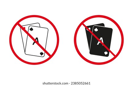 No Allowed Playing Black Jack and Royal Poker Sign. Prohibited Game Card Deck Line and Silhouette Icon Set. Ban Play Card. Stop Casino Gambling Red Symbol Collection. Isolated Vector Illustration.