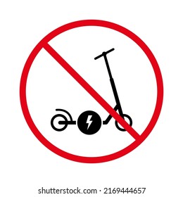 No se permite la señalización de la bicicleta de la rueda de empuje. Prohibir el icono electrónico de silueta negra del patinador escocés. Símbolo de parada roja del transporte de electricidad. Prohibir el pictograma de patinaje eléctrico. Ilustración de vectores aislados.