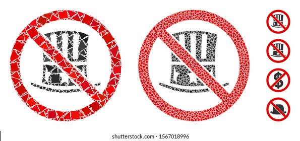 No american hat composition of unequal pieces in various sizes and color tinges, based on no american hat icon. Vector rough pieces are grouped into composition.