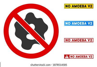 Sin signo Amoeba con mensajes en marcos rectangulares. El estilo de ilustración es un símbolo icónico plano dentro de un círculo cruzado rojo sobre un fondo blanco. Simple No Amoeba vector sign, diseñado para reglas,