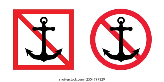 No anchor. Cartoon mooring posts, or bollards icon. Prohibited to dock. No yachts, ship or sailboat to bollard mooring. For rope tied on pier. No boating. Haven or port and bollard angled sign
