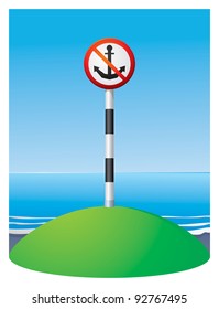 No Anchor navigation sign on the sea coast under the blue sky in vector