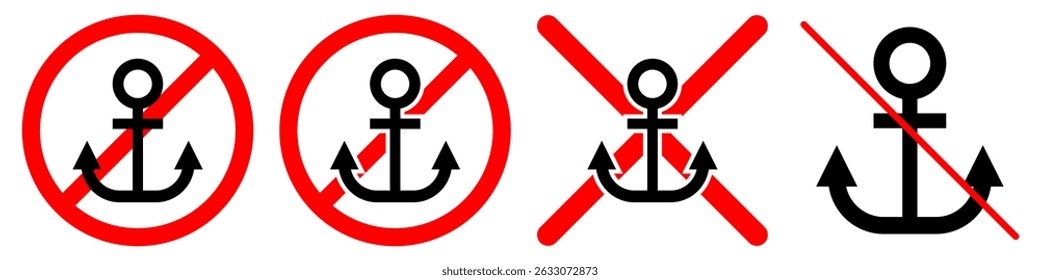 No anchor sign vector for restriction, banned sailing, or prohibited mooring concept. Ideal for marine rule, water safety, or forbidden nautical navigation symbol.