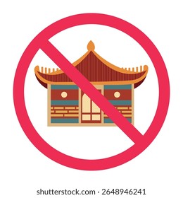 Nenhum sinal de arquitetura asiática antiga, sinal de edifício tradicional asiático proibido, sinal de edifício oriental tradicional não permitido, ícone histórico restrito da arquitetura asiática