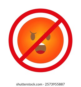 No anger icon. Angry emoji illustration. Red circle prohibition. Vector warning symbol.