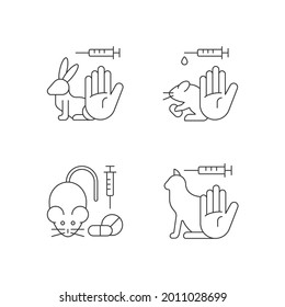 No animal cruelty linear icons set. Ban violence in laboratory experiments for drug toxicity. Customizable thin line contour symbols. Isolated vector outline illustrations. Editable stroke