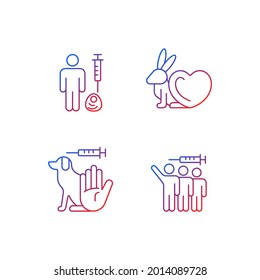No animal experiments gradient linear vector icons set. Alternative for pet experimentations in laboratory. Thin line contour symbols bundle. Isolated vector outline illustrations collection