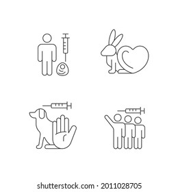 No animal experiments linear icons set. Alternative for pet experimentations in laboratory. Customizable thin line contour symbols. Isolated vector outline illustrations. Editable stroke