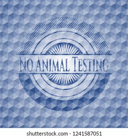 No Animal Testing blue emblem with geometric background.