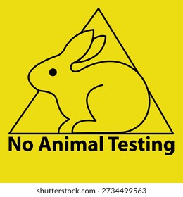 No animal testing cruelty-free vector illustration. Minimal line art rabbit inside a triangle with bold yellow background and clear typography. Ethical, vegan, and cosmetic testing free symbol suitable for packaging, labels, branding, posters, and awareness campaigns.
