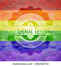 No Animal Testing emblem on mosaic background with the colors of the LGBT flag