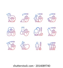 No animal testing gradient linear vector icons set. Dog and cat protection. Cruelty free label for cosmetic. Thin line contour symbols bundle. Isolated vector outline illustrations collection