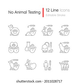 No animal testing linear icons set. Dog and cat protection. Cruelty free label for cosmetic. Customizable thin line contour symbols. Isolated vector outline illustrations. Editable stroke