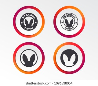 No animals testing icons. Non-human experiments signs symbols. Infographic design buttons. Circle templates. Vector
