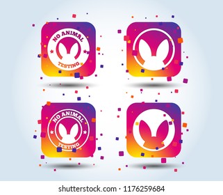 No animals testing icons. Non-human experiments signs symbols. Colour gradient square buttons. Flat design concept. Vector