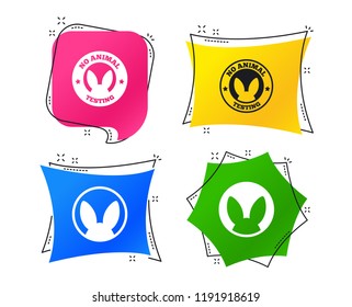 No animals testing icons. Non-human experiments signs symbols. Geometric colorful tags. Banners with flat icons. Trendy design. Vector