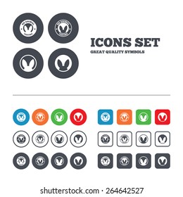 No animals testing icons. Non-human experiments signs symbols. Web buttons set. Circles and squares templates. Vector