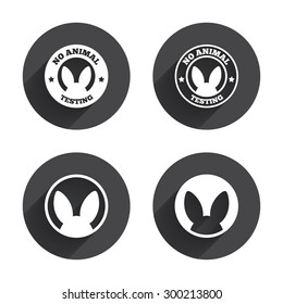 No animals testing icons. Non-human experiments signs symbols. Circles buttons with long flat shadow. Vector
