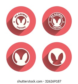 No animals testing icons. Non-human experiments signs symbols. Pink circles flat buttons with shadow. Vector