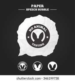 No animals testing icons. Non-human experiments signs symbols. Paper speech bubble with icon.