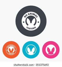 No animals testing icons. Non-human experiments signs symbols. Circle flat buttons with icon.
