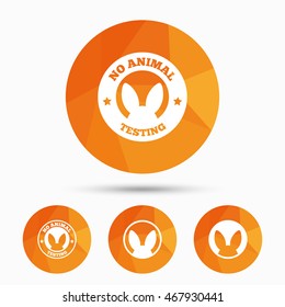 No animals testing icons. Non-human experiments signs symbols. Triangular low poly buttons with shadow. Vector