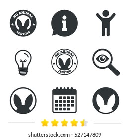 No animals testing icons. Non-human experiments signs symbols. Information, light bulb and calendar icons. Investigate magnifier. Vector