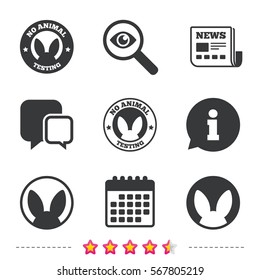 No animals testing icons. Non-human experiments signs symbols. Newspaper, information and calendar icons. Investigate magnifier, chat symbol. Vector