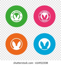 No animals testing icons. Non-human experiments signs symbols. Round buttons on transparent background. Vector