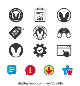 No animals testing icons. Non-human experiments signs symbols. Browser window, Report and Service signs. Binoculars, Information and Download icons. Stars and Chat. Vector