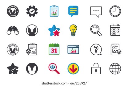 No animals testing icons. Non-human experiments signs symbols. Chat, Report and Calendar signs. Stars, Statistics and Download icons. Question, Clock and Globe. Vector