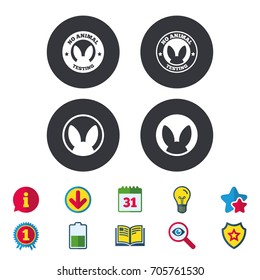 No animals testing icons. Non-human experiments signs symbols. Calendar, Information and Download signs. Stars, Award and Book icons. Light bulb, Shield and Search. Vector