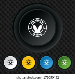 No animals testing sign icon. Not tested symbol. Round colourful buttons on black texture. Vector