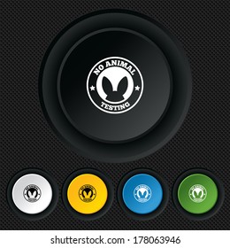 No animals testing sign icon. Not tested symbol. Round colourful buttons on black texture. Vector