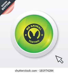 No animals testing sign icon. Not tested symbol. Green shiny button. Modern UI website button with mouse cursor pointer. Vector