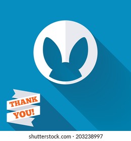 No animals testing sign icon. Not tested symbol. White flat icon with long shadow. Paper ribbon label with Thank you text. Vector
