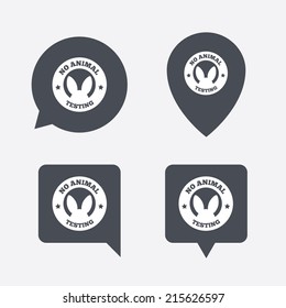 No animals testing sign icon. Not tested symbol. Map pointers information buttons. Speech bubbles with icons. Vector
