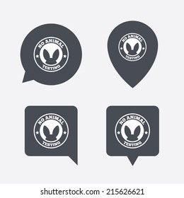 No animals testing sign icon. Not tested symbol. Map pointers information buttons. Speech bubbles with icons. Vector