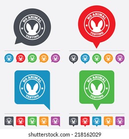 No animals testing sign icon. Not tested symbol. Speech bubbles information icons. 24 colored buttons. Vector