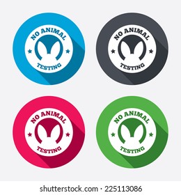 No animals testing sign icon. Not tested symbol. Circle buttons with long shadow. 4 icons set. Vector