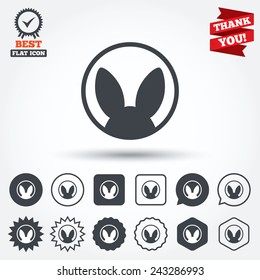 No animals testing sign icon. Not tested symbol. Circle, star, speech bubble and square buttons. Award medal with check mark. Thank you ribbon. Vector