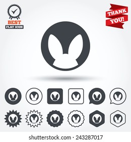No animals testing sign icon. Not tested symbol. Circle, star, speech bubble and square buttons. Award medal with check mark. Thank you ribbon. Vector