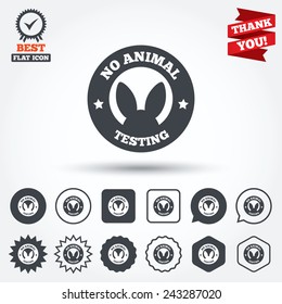 No animals testing sign icon. Not tested symbol. Circle, star, speech bubble and square buttons. Award medal with check mark. Thank you ribbon. Vector