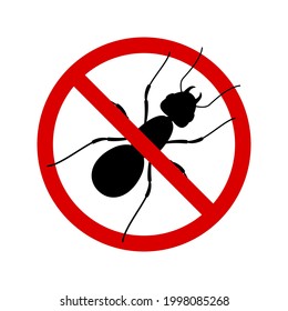 No ant with ban sign. Anti ant pest control ban, prohibition insects silhouette vector. Stop ant insects vector icon, isolated on white background