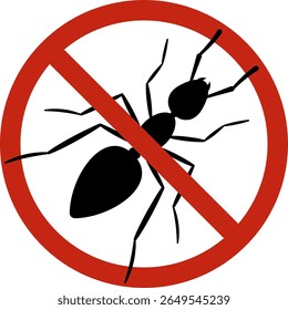 No ant sign. Insect prohibition symbol for pest control, warning, or chemical product design. Red circle crossed out black ant silhouette