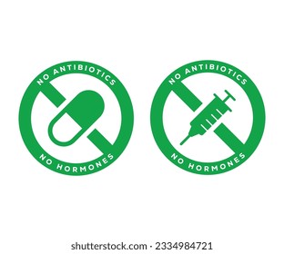 No Antibiotic icon. No Hormone Icon. No Antibiotic Label. Food Without Hormones and Antibiotic Green Sign.